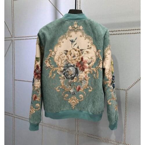 Autumn Winter Luxury Runway Fashion Lantern Sleeve Jacquard Beading Flower Print Casual Holiday Party Coat