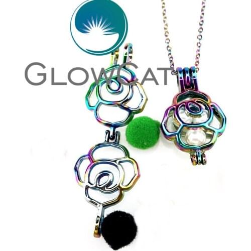 R-C393 Rainbow Color Copper Rose Flower Beads Cage Pendant Aromatherapy Perfume Diffuser Pearl Cage Locket Necklace
