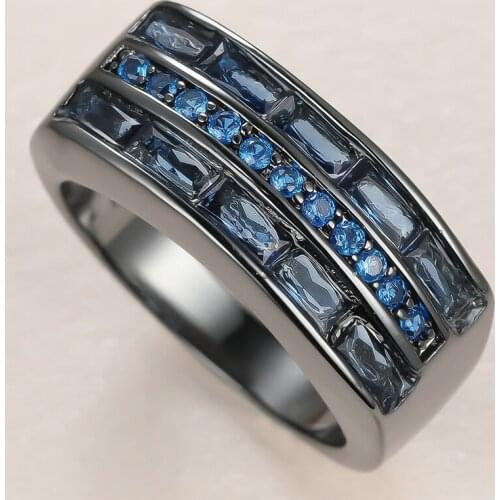 Luxury Male Female Blue Crystal Stone Ring Charm 14KT Black Gold Wedding Rings For Women Dainty Geometry Zircon Engagement Ring