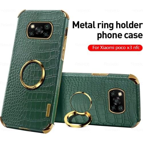 Crocodile Leather Case For Xiaomi Poco X3 Pro X 3 NFC PocoX3 X3Pro Poko Pocophone 3X Car Magnetic Ring Stand Bracket Cover Coque