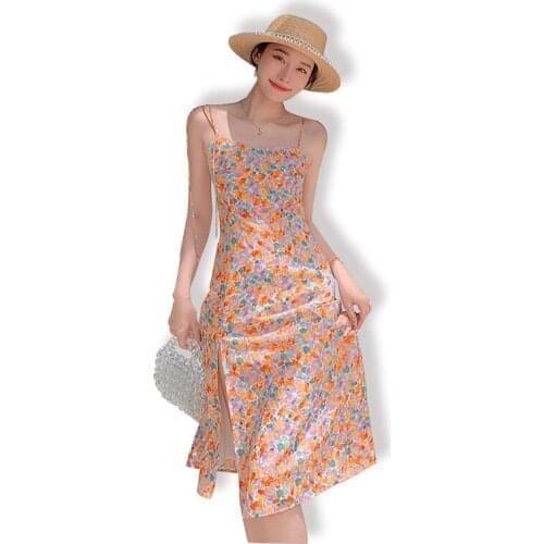 Broken Flower Holiday In Europe and America Retro Slim Orange Split Chiffon Sling Dress 2021 New Summer Sleeveless Long Dresses