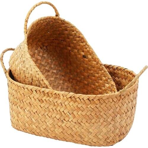 Straw Braid Baskets, 2 Pcs Straw Hand Woven Storage Basket with Handles for Storage Plant Pot Basket and Laundry, Picnic