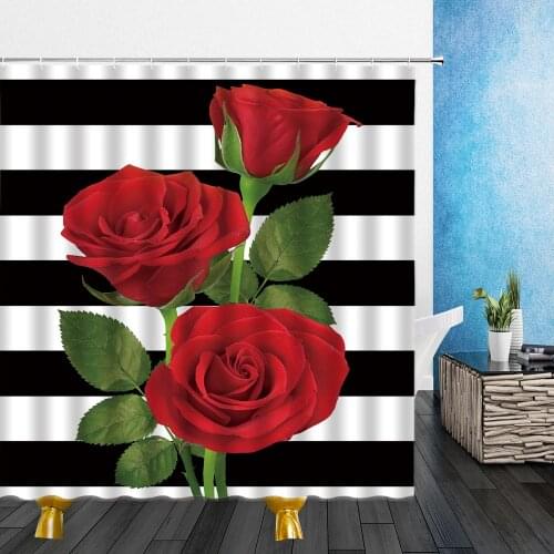 Cartoons Flowers Shower Curtains Red White Blue Rose 3D Print Waterproof Polyester Cloth Bathroom Decor Curtains With Hooks