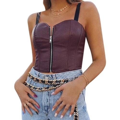 Ladies Sexy Midriff-baring Camisole Girls Retro Style Creative Solid Color Zipper PU Leather Sleeveless Base Shirt Slim Top
