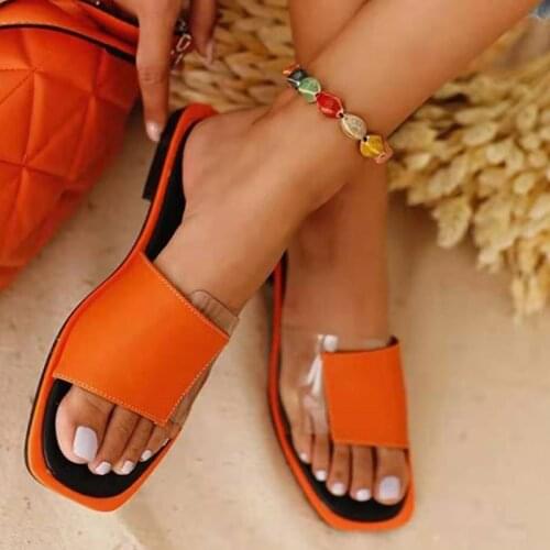 2021 Womens Patchwork Slippers Ladies Casual Transparent Slides Female Leisure Square Toe Flat Womens Outdoor Beach Shoes
