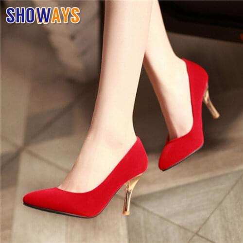 Plus Size Spring Women Pumps Kitten Spike High Heels Black Red Flock Autumn Casual Office Ladies Dress Slip-on Pointed Toe Shoes