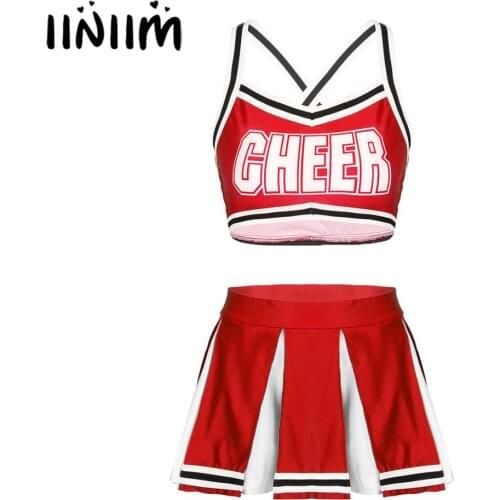 Hot Womens Ladies Cheerleader Costume Uniform School Girls Clubwear Schoolgirls Back Crossed Crop Top with Mini Pleated Skirt