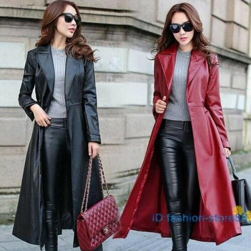 Women Long Coat Faux Leather Hin Slim Windbreaker Trench Outwear Belt Jacket