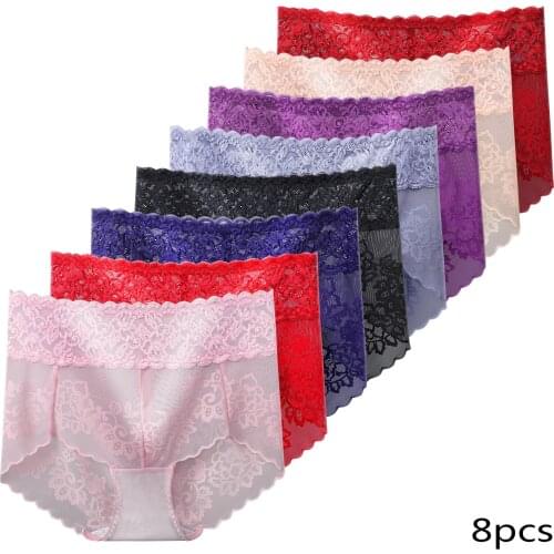 8PCS Sexy Lace Lingerie Women Underwear Transparent Soft Breathable Middle Waist Female Panties High Elasticity Thin Breifs