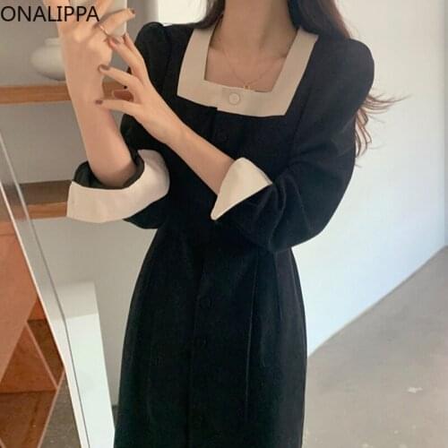ONALIPPA Women Dress 2021 Autumn French Elegant Square Neck Contrast Color Edging Design Single-Breasted Long-Sleeved Vestidos