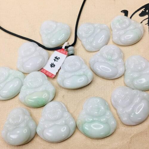 Zheru pure natural Jadeite carved light smile Buddha pendant with green beads leather rope necklace Send A-level certificate