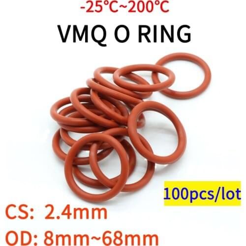 100pcs VMQ O Ring Seal Gasket Thickness CS 2.4mm OD 8 ~ 68mm Silicone Rubber Insulated Waterproof Washer Round Shape Nontoxi Red