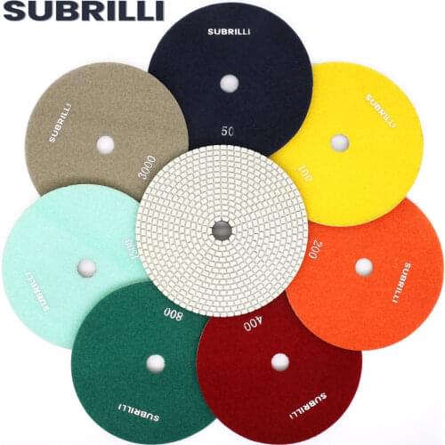 SUBRILLI 7 Inch Diamond Polishing Pad 7pcs 180mm Wet Buffing Wheel For Marble Granite Stone Concrete Grits 50-3000