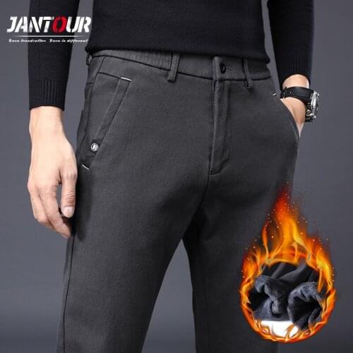 Brand Winter Mens Casual Pants Men Fleece High Quality Classics Straight Business Black Fashion Trousers Male big size 28-40