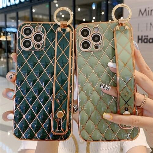 Wrist Strap Electroplated Phone Case For iPhone 11 12 Pro Max XR XS Max X 7 8 Plus 12Mini 12 Gold Plated Camera Protection Cover