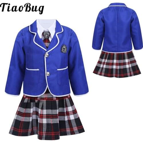 4Pcs Kids British Style School Uniform Kids Girls Graduation Shirt Pleated Plaid Skirt Jacket Tie Set Stage Performance Outfits