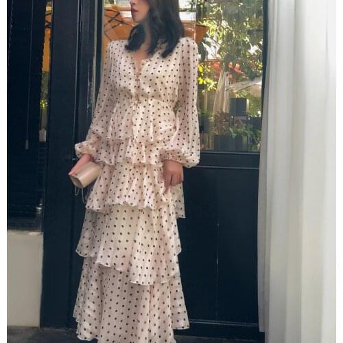 Vintage Look Frenchy Vibe Polka Dots Layers Ruffles One Piece Long Dress Chiffon V Neck Robe Longue Vestido Largo