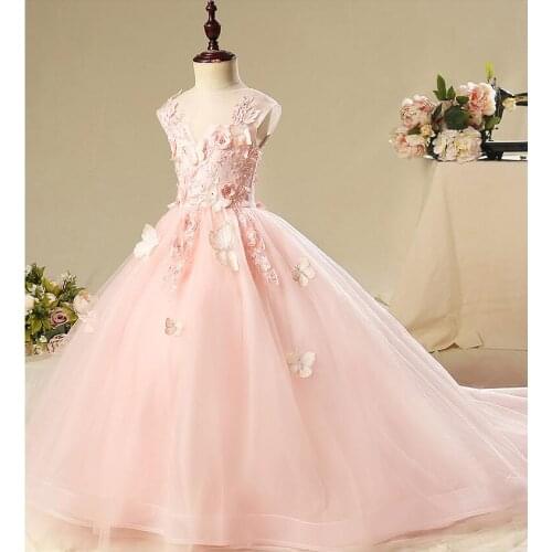 Elegant Long Trailing Girls Pageant Dress Beaded Floral Flower Girl Dresses for Wedding First Communion Gown for Party Princess
