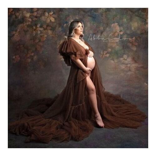 Elegant Brown Photo Shoot Dresses For Maternity Short Puff Sleeves Tiered Ruffles Long Train Soft Tulle Pregnancy Dressing Gown