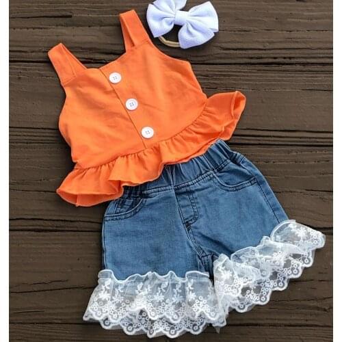 FOCUSNORM 2pcs Summer Baby Girls Clothes Sets 0-3Y Solid Sleeveless Single Breasted Ruffles Vest Tops Lace Denim Shorts