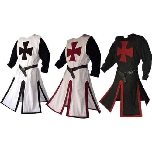 Medieval Halloween Party Costumes Explosion Style Templar Knight Crusader Surcoat Tunic Split Stitching Men Top Long Sleeve