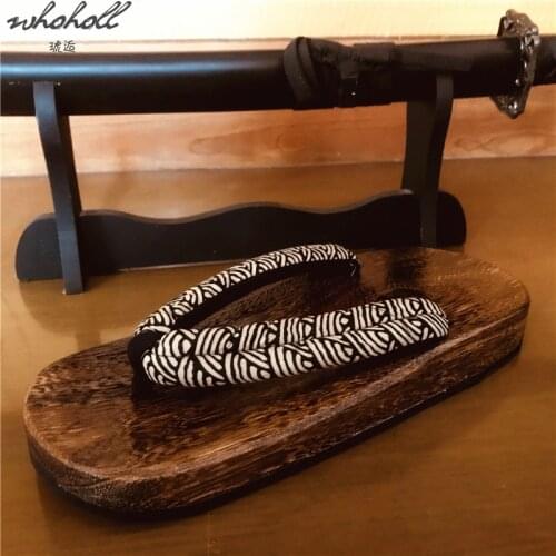 WHOHOLL Geta Summer Man Women‘s Slipper Large Japanese Wood Geta Flip-flops Indoor Flat Non-slip Clogs Slippers Plus Size 47 48