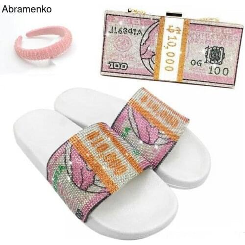 Fashion Women Slippers Summer Beach Flip Flops Usd Money Shoes Bags Headband Set Crystal Sandals Ladies Luxury Flat Bling Slides