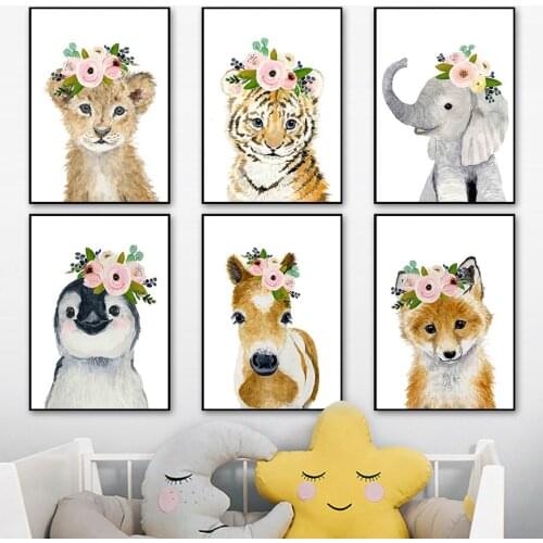 Lion Tiger Deer Horse Penguin Elephant Flower Wall Art Canvas Painting Nordic Posters And Prints Wall Pictures Kids Room Decor