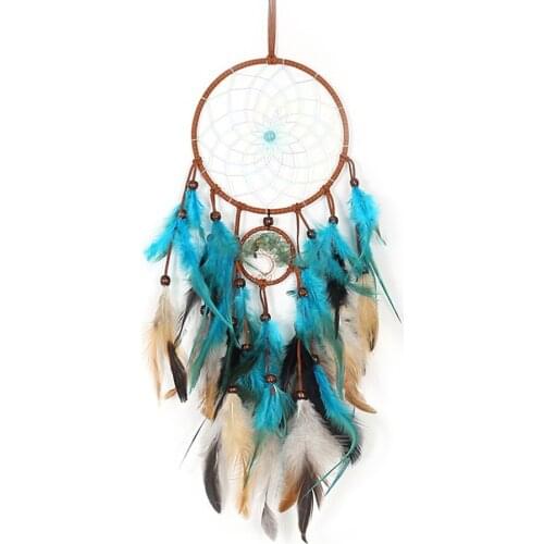 Natural Aventurine Tree Of Life Dreamcatcher Suncatcher Ornament Lace Ribbons Feathers Wrapped Lights Girl Bedroom Decoration