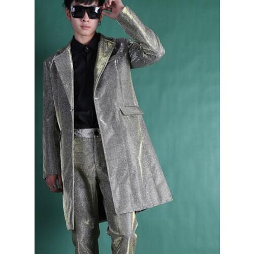 2020 New Champagne glitter in the Long suit tide male of slim Wedding suits Men personality Fashion jacket Plus Size coat