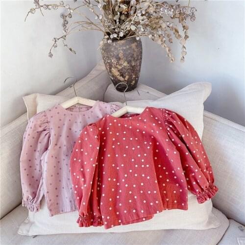 2021 New Spring Baby Kids Polka Dots Blouses Puff Sleeve Korean Style Toddlers Girls Shirts Sweet Tops