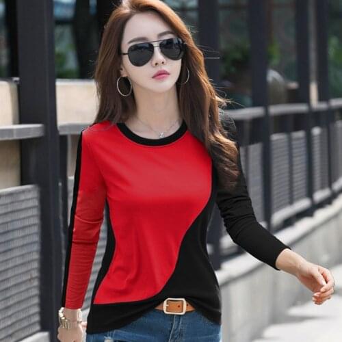 Shintimes Long Sleeve Shirt Women 2019 Fall Clothes Contrast Color Woman Tshirt Female Vogue Cotton T-Shirt Korean T-Shirt Femme