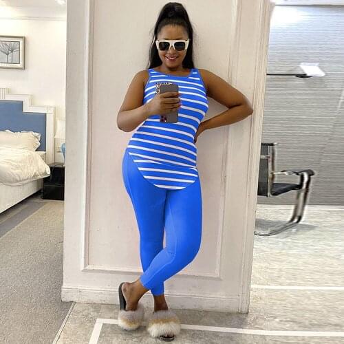 S-3XL Plus Size Womens Tracksuit Striped Print Sleeveless Tank Top and Skinny Legging Activewear Female Pockets Club Outfits