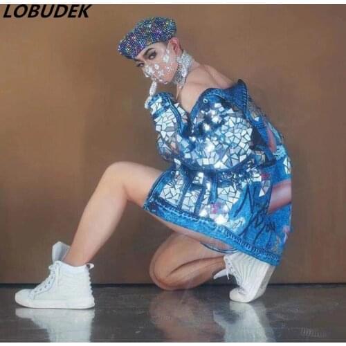 Glitter Sequins Rhinestones Jacket Bodysuit Hat Outfit Women Dancer Team DJ Jazz Dance Costume Nightclub Bar Singer Stage Wear