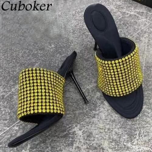 Rhinestone Bling Crystal Women Slippers High Heel One Word Belt Slides Top High Quality Brand Runway Summer Party Shoes Women