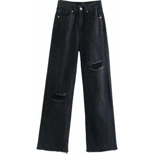 TRAF Women 2021 Fashion Ripped Hole Wide Leg Jeans Vintage High Waist Zipper Fly Female Trousers Streetwear