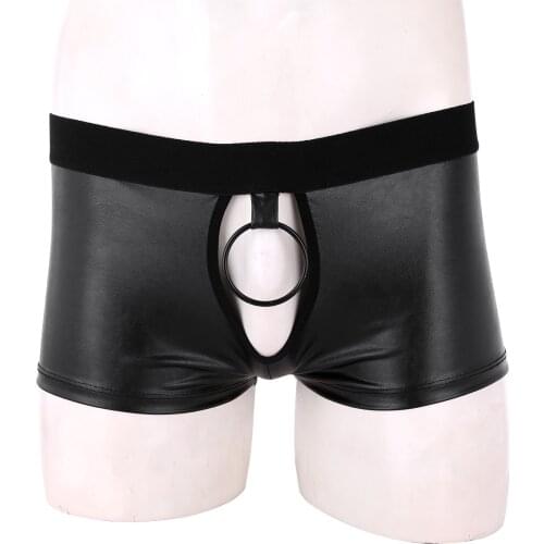 Mens Open Crotch Shorts Faux Leather Pants Sexy Sissy Cut Out Low Rise Boxer Briefs Clubwear Open Butt Latex Underwear Shorts