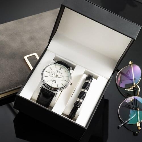 Watch_for_men 2Pcs Casual Vintage Leather Wrist watches and Bracelet cow leather cord High Quality Gift Box Set