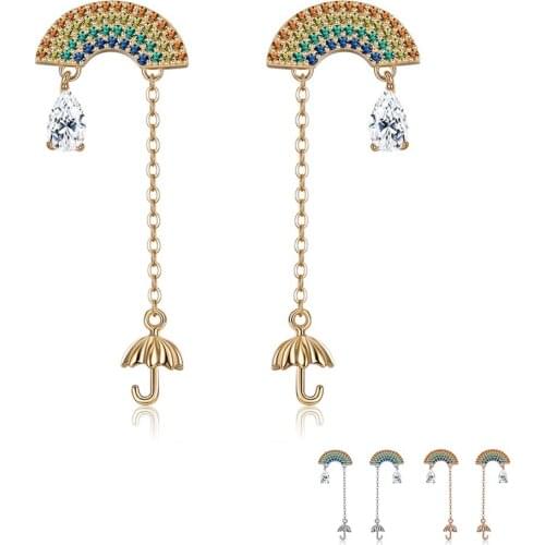 SILVERHOO 925 Sterling Silver Women Fashion Rainbow Fan-Shaped Ladies Earrings Delicate Cubic Zirconia Fine Jewelry Friends Gift