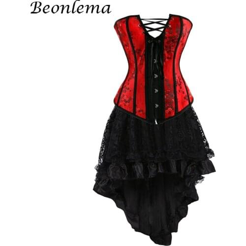Beonlema Plus Size Corset Dress For Women Overbust Red 6XL Busiters Corsets Black Floral Mesh Skirt Mujer Burlesque Clothes