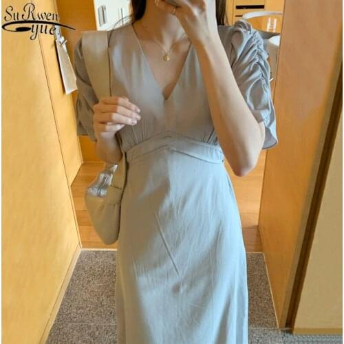 2021 Elegant High Waist Folds V-neck Dress for Women Summer Korean Chic Women Dress Casual Solid Simple Maxi Dress Vestido 14147
