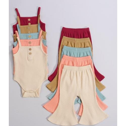 2Pcs Baby Girls Outfits Summer Solid Color Button Ribbed Cotton Sleeveless Suspender Romper+Long Bell-bottomed Pants Girls Set