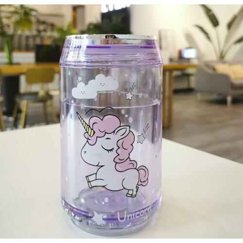 280ml Unicorn Cute Pink Cartoon Water Cup Double Layer Sequin Plastic Water Cup Summer Sports Outdoor Womens Cup