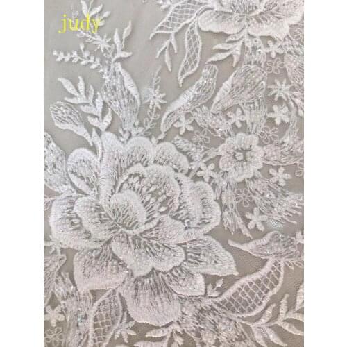 5yards White embroidery lace sequined beads fashionable European and American style fabric used for wedding dress design