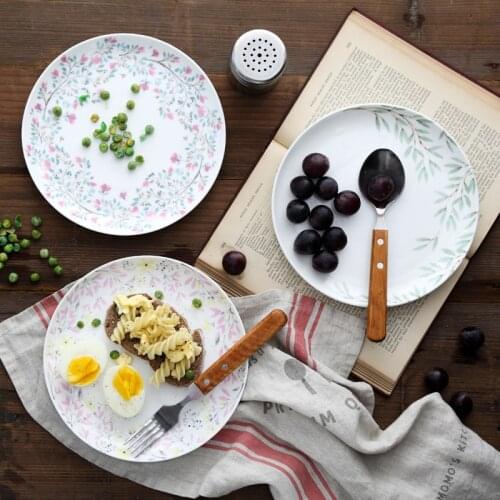 Ins Creative Plant Series Bone China Western Plate Ceramic Breakfast Plate Round Plate Pattern Green Leaves Broken