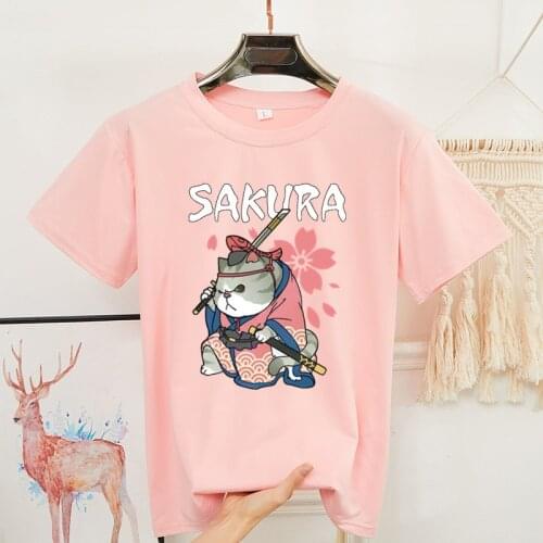 Summer Oversized Couple T-shirt Women Casual Short Sleeve Tee-Shirts Female Tops Women 2021 New Fashion M-2XL SAKURA Cat Print