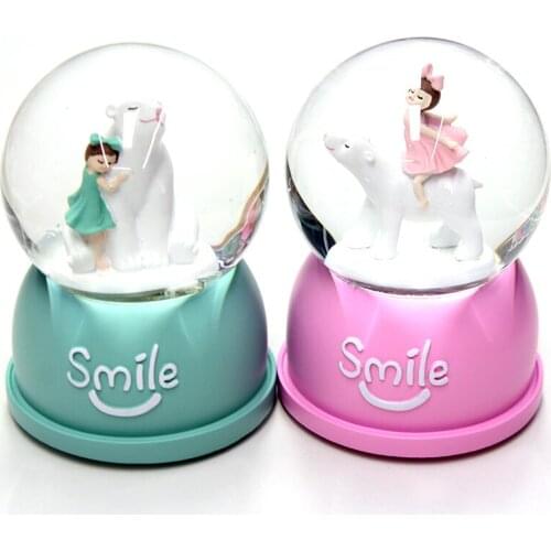 1PC 100# Girl And Bear Music Box Creative Music Box Crystal with Snowflake Rotating LIght Snowball Music Box