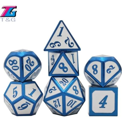 Heavy Polyhedral Metal Dice Set with Pouch, 7-die Shiny Surface with Blue Number for RPG,Card Game,TRPG and Math Teaching