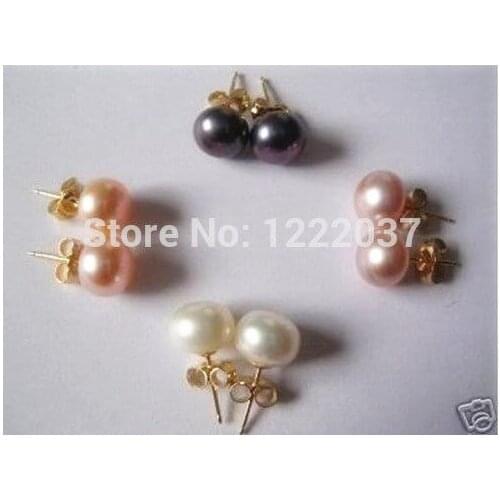 New Wholesale Natural Freshwater Pearl White Pink Purple Black 6-7MM 4 Pairs 925 Sterling Silver Stud Earrings