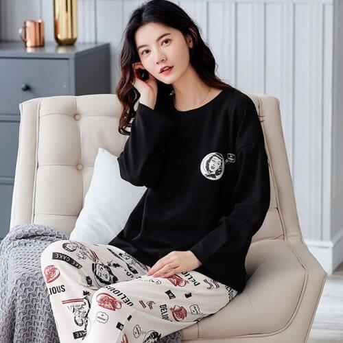 Cotton Pajama Set Women Nightgown Plus Size Intensification Pyjamas Fall Sleepwear Loose Version Round Neck Pullover Pajamas